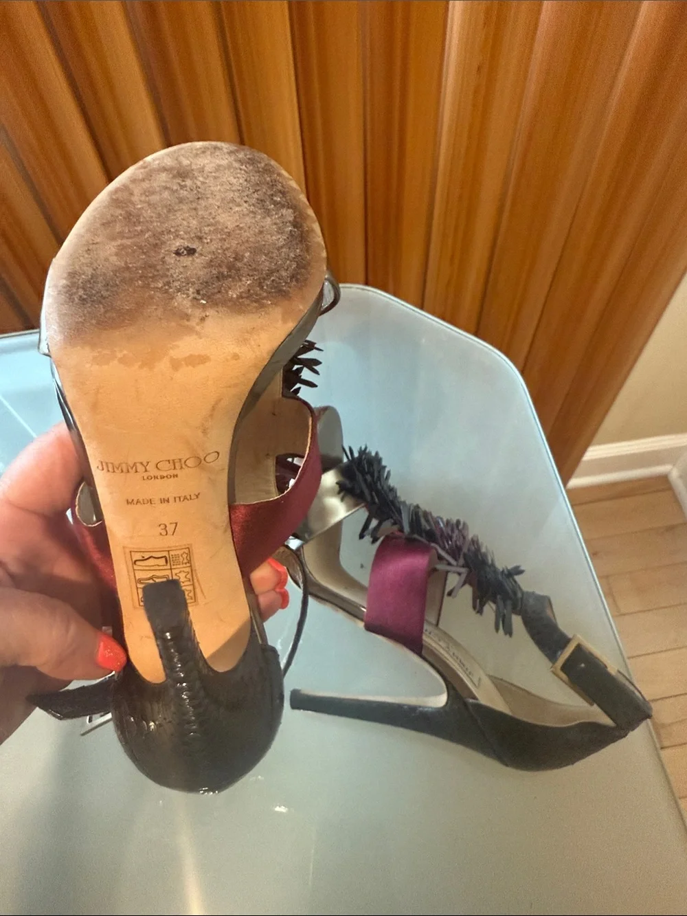 Jimmy Choo Metallic Bronze Sandal with Burgundy and Black Fringe